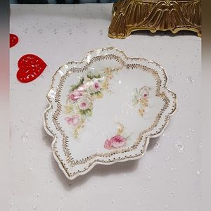 Vintage O&E.G. Royal Austria, leaf shaped, gold trimmed dish with rose design